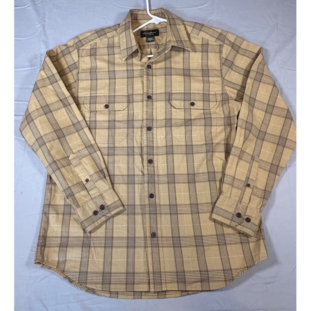 Eddie Bauer Mens Relaxed Fit Plaid Button Down Shirt Tan Brown Cotton Size M